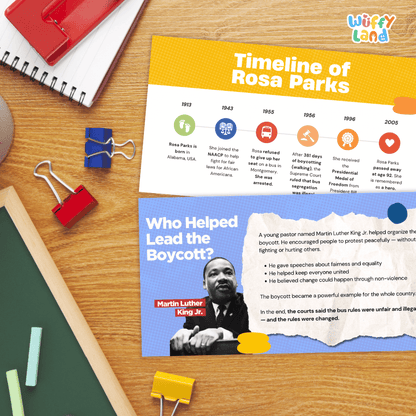 An educational poster titled 'Timeline of Rosa Parks' laid out on a wooden desk, surrounded by school supplies including a spiral notebook, binder clips, and a pencil. The poster features a yellow top section with timeline markers and a blue lower section with a photo of Martin Luther King Jr.