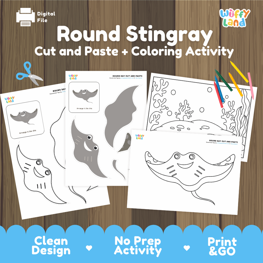 Round Stingray Cut and Paste Craft and Coloring Activity Worksheets