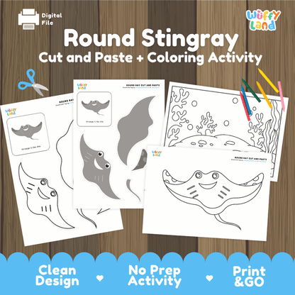 Round Stingray Cut and Paste Craft and Coloring Activity Worksheets