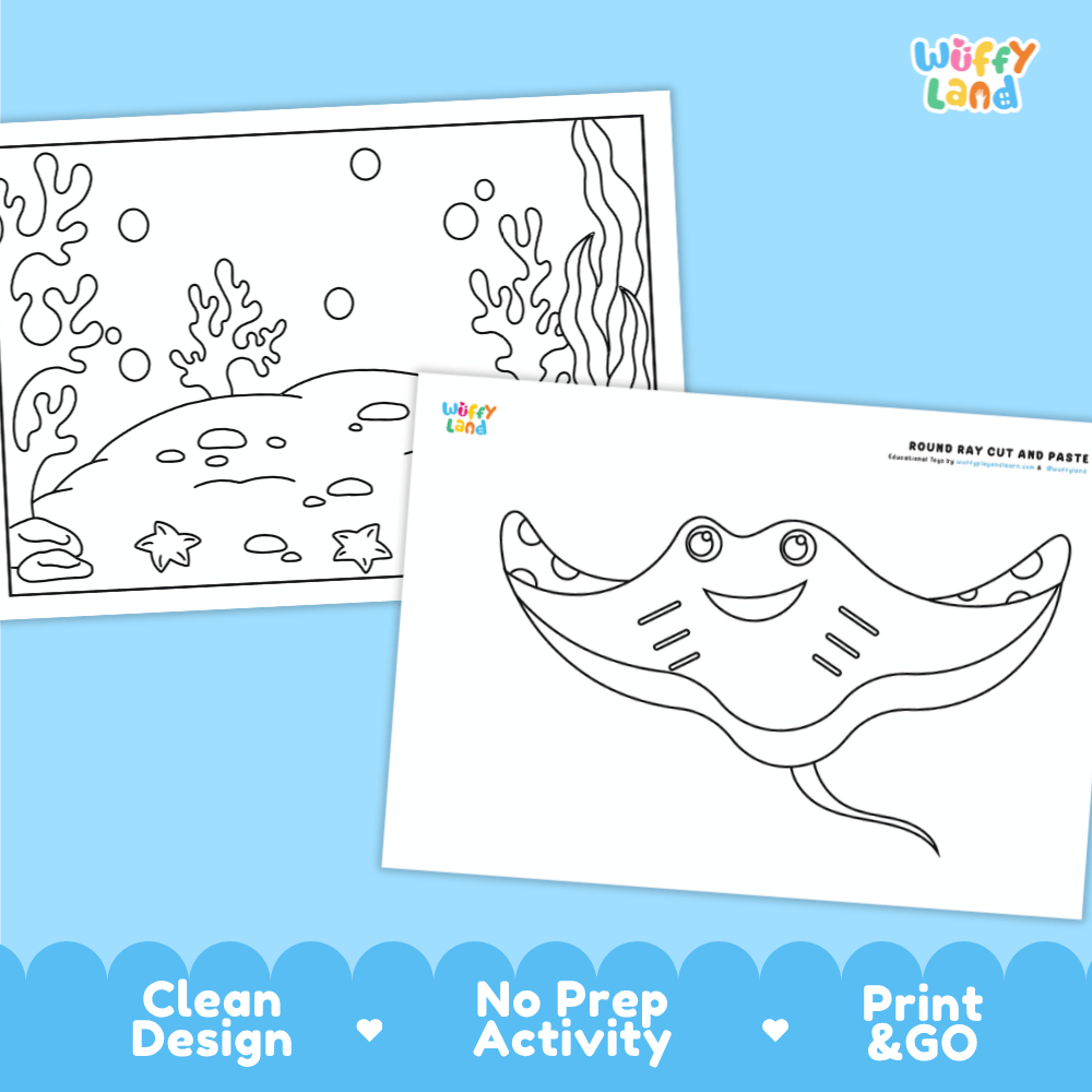 Round Stingray Cut and Paste Craft and Coloring Activity Worksheets