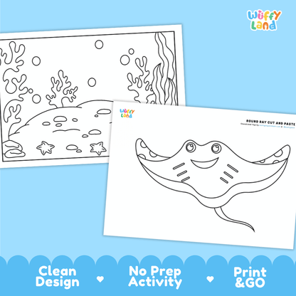 Round Stingray Cut and Paste Craft and Coloring Activity Worksheets