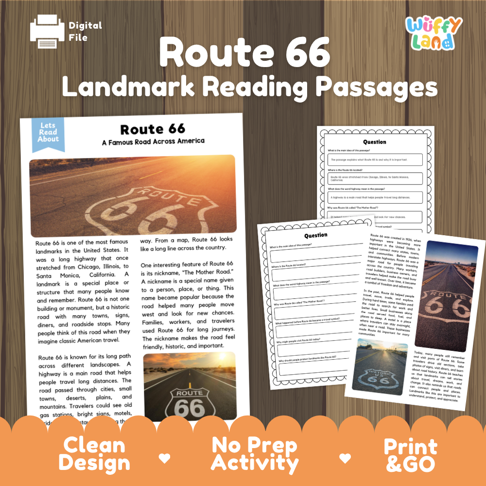 Route 66 landmark reading comprehension passage with nonfiction text and comprehension questions about the famous historic road across America