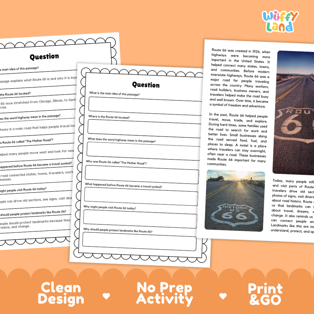 Printable Route 66 reading passage and questions featuring history, facts and real photographs of the iconic American highway for elementary students