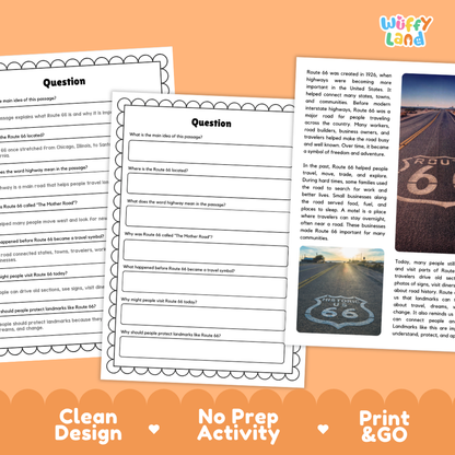 Printable Route 66 reading passage and questions featuring history, facts and real photographs of the iconic American highway for elementary students