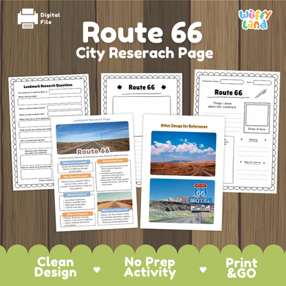 Digital preview of a Route 66 City Research Page activity sheet set by Wiffy Land, displayed on a wood-grain background with promotional text and sample worksheet pages.