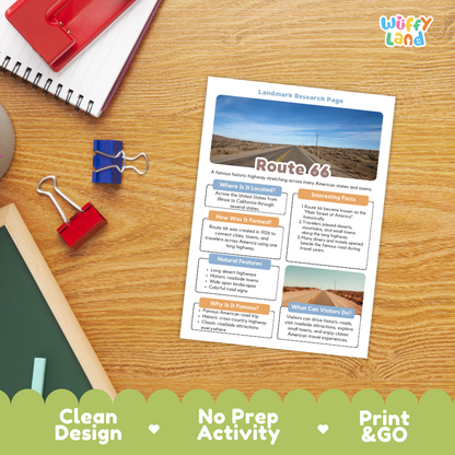 A printed 'Landmark Research Page' titled 'Route 66' laid on a wooden desk, surrounded by school supplies including a spiral notebook, red and blue binder clips, and a green chalkboard. The page has a scenic highway photo at the top and multiple colored text boxes.