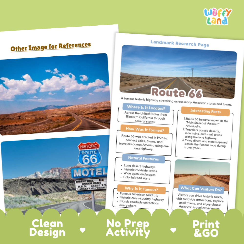 Two printed educational poster sheets about Route 66 displayed on a light green background with the text 'Other Image for References' and 'Clean Design No Prep Activity Print & GO'. The right sheet is the main product, featuring a white background with colorful text boxes and a Route 66 map illustration.