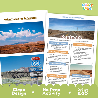 Two printed educational poster sheets about Route 66 displayed on a light green background with the text 'Other Image for References' and 'Clean Design No Prep Activity Print & GO'. The right sheet is the main product, featuring a white background with colorful text boxes and a Route 66 map illustration.