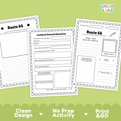 Three printable worksheet pages for Route 66 landmark research are shown on a light green background. The pages include writing prompts, a drawing box, and text fields.