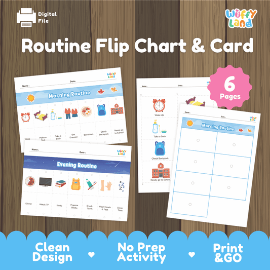 Routine flip chart and card printable morning and evening visual schedule activity pack overview from Wuffy Land featuring 6 pages ☀️🌙