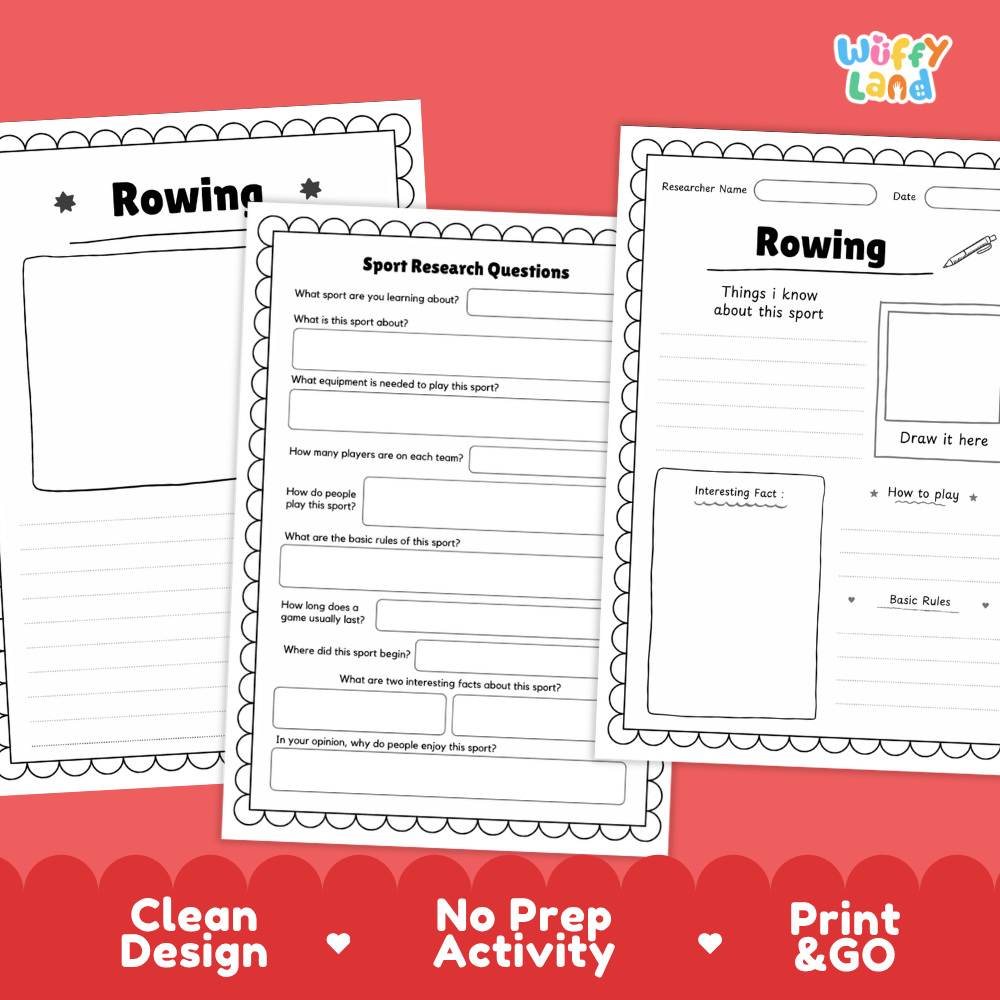 Three printable worksheet pages about rowing are shown on a coral-red background. The pages have black outlines and text fields, with the center sheet reading 'Sport Research Questions' and the top-right page showing a 'Rowing' header.