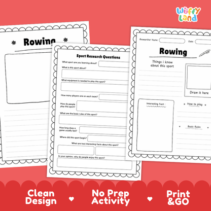 Three printable worksheet pages about rowing are shown on a coral-red background. The pages have black outlines and text fields, with the center sheet reading 'Sport Research Questions' and the top-right page showing a 'Rowing' header.