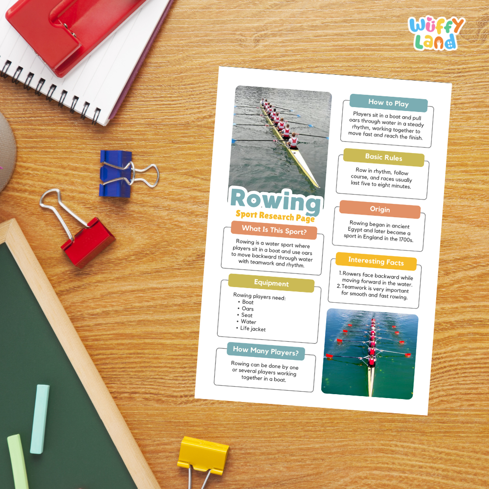 A printed educational poster about rowing sports lies on a wooden desk, surrounded by school supplies including a red notebook, blue binder clips, a green pen, and a black pencil.