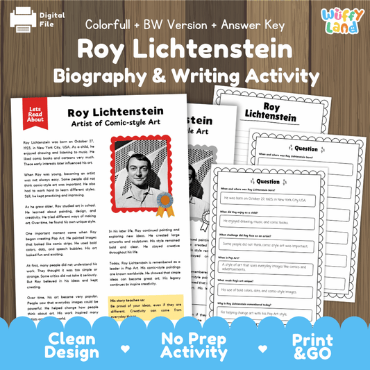 Roy Lichtenstein biography reading comprehension worksheets with nonfiction passage, comprehension questions, writing activity and answer key for students