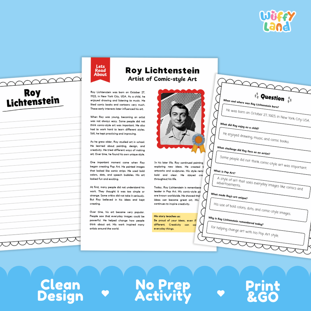 Roy Lichtenstein Biography Reading Passage and Writing Activity Worksheets
