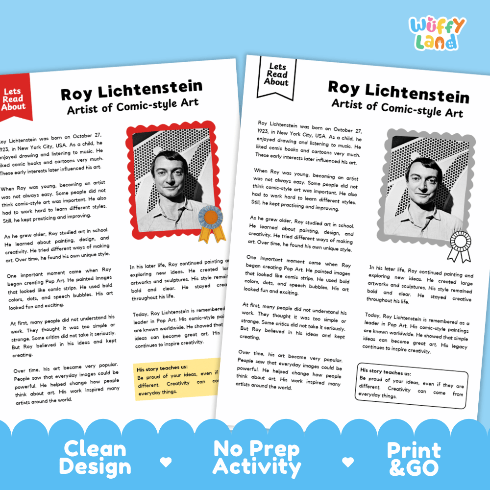 Roy Lichtenstein Biography Reading Passage and Writing Activity Worksheets