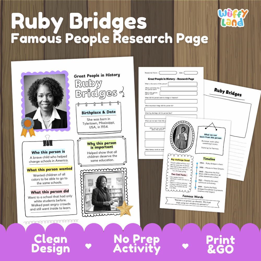 A product listing graphic for a 'Ruby Bridges Famous People Research Page' educational worksheet. The graphic shows three preview pages of the printable worksheet on a dark wood background, with a purple banner at the bottom highlighting features like 'Clean Design', 'No Prep Activity', and 'Print & GO'.