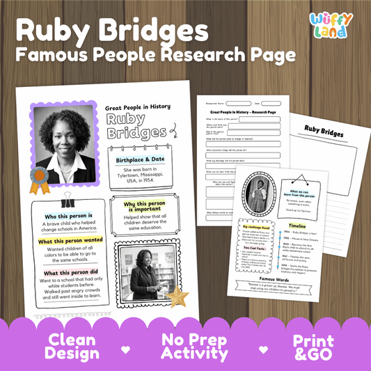 A product listing graphic for a 'Ruby Bridges Famous People Research Page' educational worksheet. The graphic shows three preview pages of the printable worksheet on a dark wood background, with a purple banner at the bottom highlighting features like 'Clean Design', 'No Prep Activity', and 'Print & GO'.