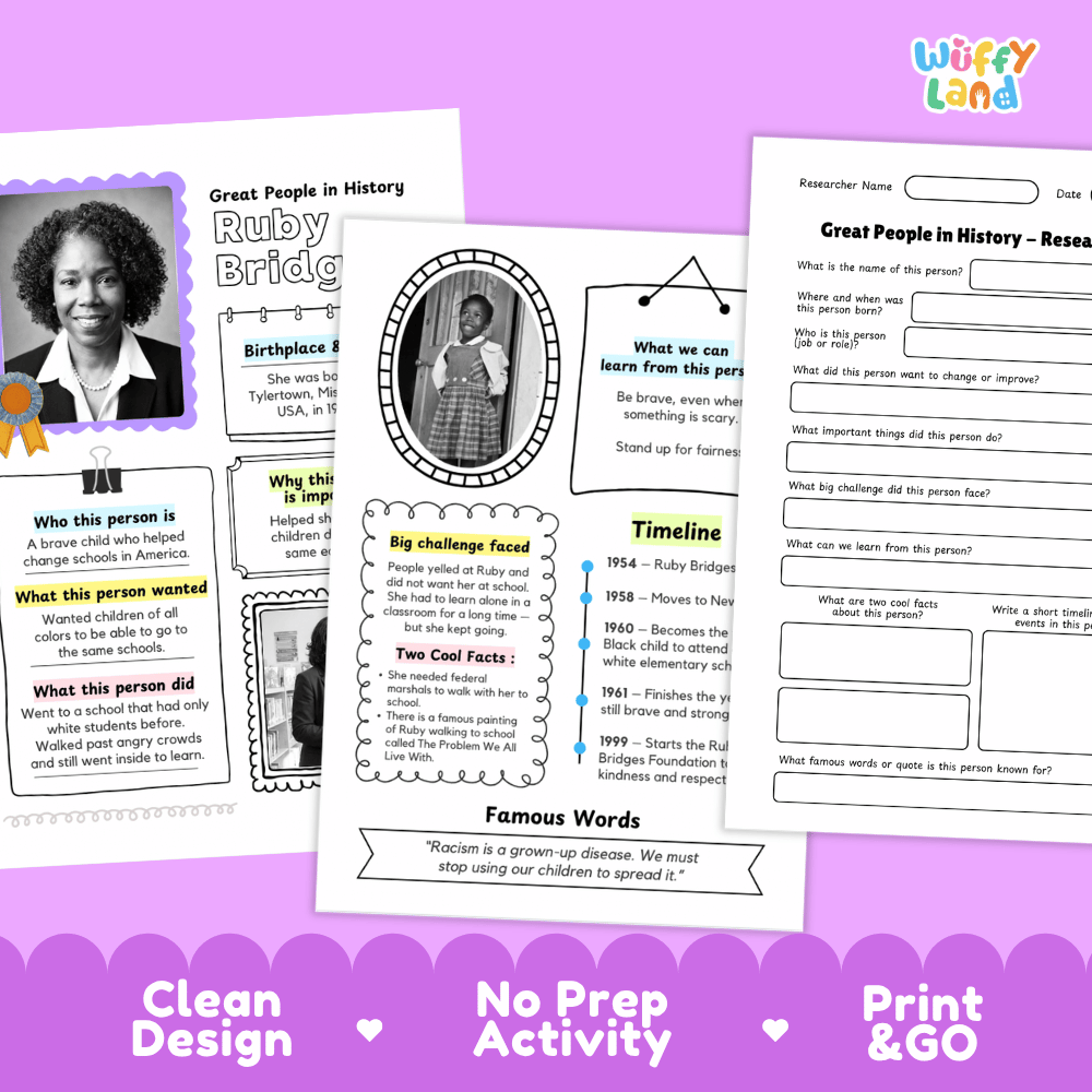 Two printable educational activity sheets for teaching about Ruby Bridges, displayed on a purple background with the brand logo 'Willy Land' at the top right.