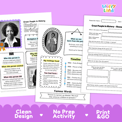 Two printable educational activity sheets for teaching about Ruby Bridges, displayed on a purple background with the brand logo 'Willy Land' at the top right.