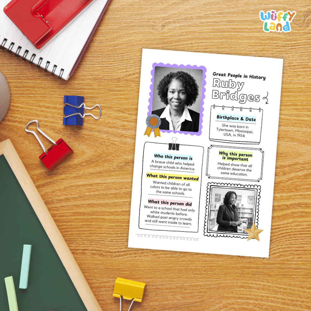 A printed educational poster about Ruby Bridges laid on a wooden desk, surrounded by school supplies including a spiral notebook, binder clips, chalk, and a red folder. The poster has photo frames, text boxes, and decorative accents.