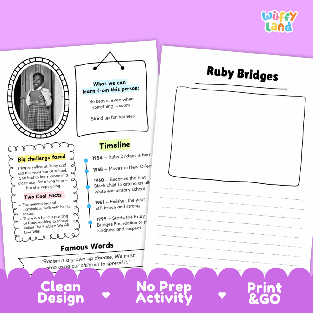 Two printable educational activity sheets for a racism unit, displayed on a purple background with a purple banner at the bottom. The left sheet is titled 'What can we learn from this person:' with text boxes, a timeline, and a photo frame.