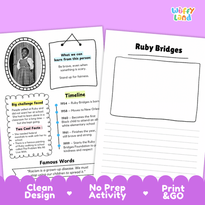 Two printable educational activity sheets for a racism unit, displayed on a purple background with a purple banner at the bottom. The left sheet is titled 'What can we learn from this person:' with text boxes, a timeline, and a photo frame.