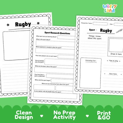 Rugby Sport Research Project Worksheets and Fact Sheet