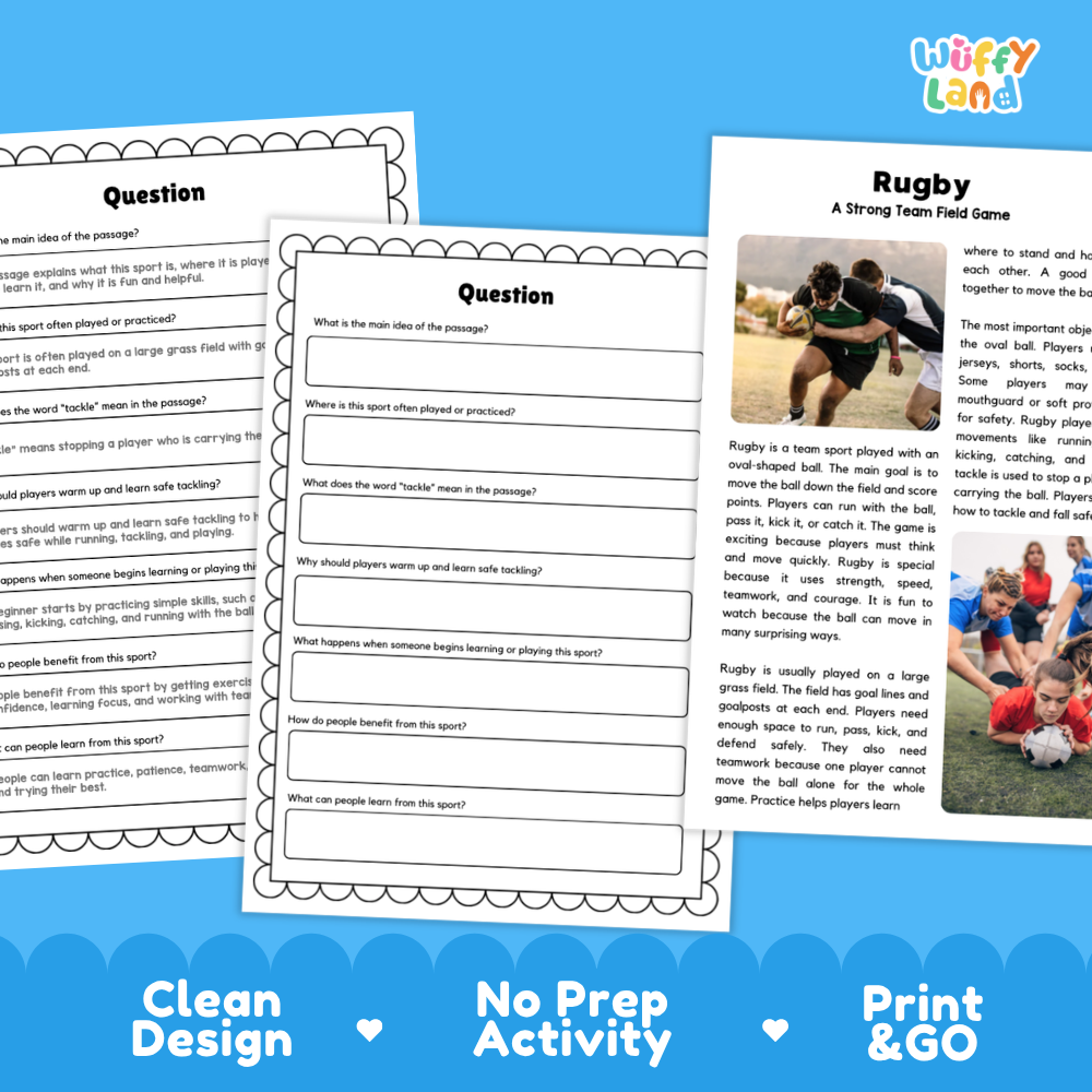 Rugby Sports Reading Passages and Comprehension Questions Worksheets