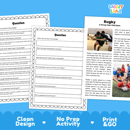 Rugby Sports Reading Passages and Comprehension Questions Worksheets