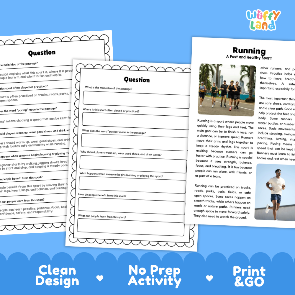 Running Sports Reading Passages Worksheets and Comprehension Activity