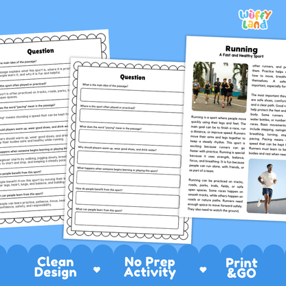 Running Sports Reading Passages Worksheets and Comprehension Activity