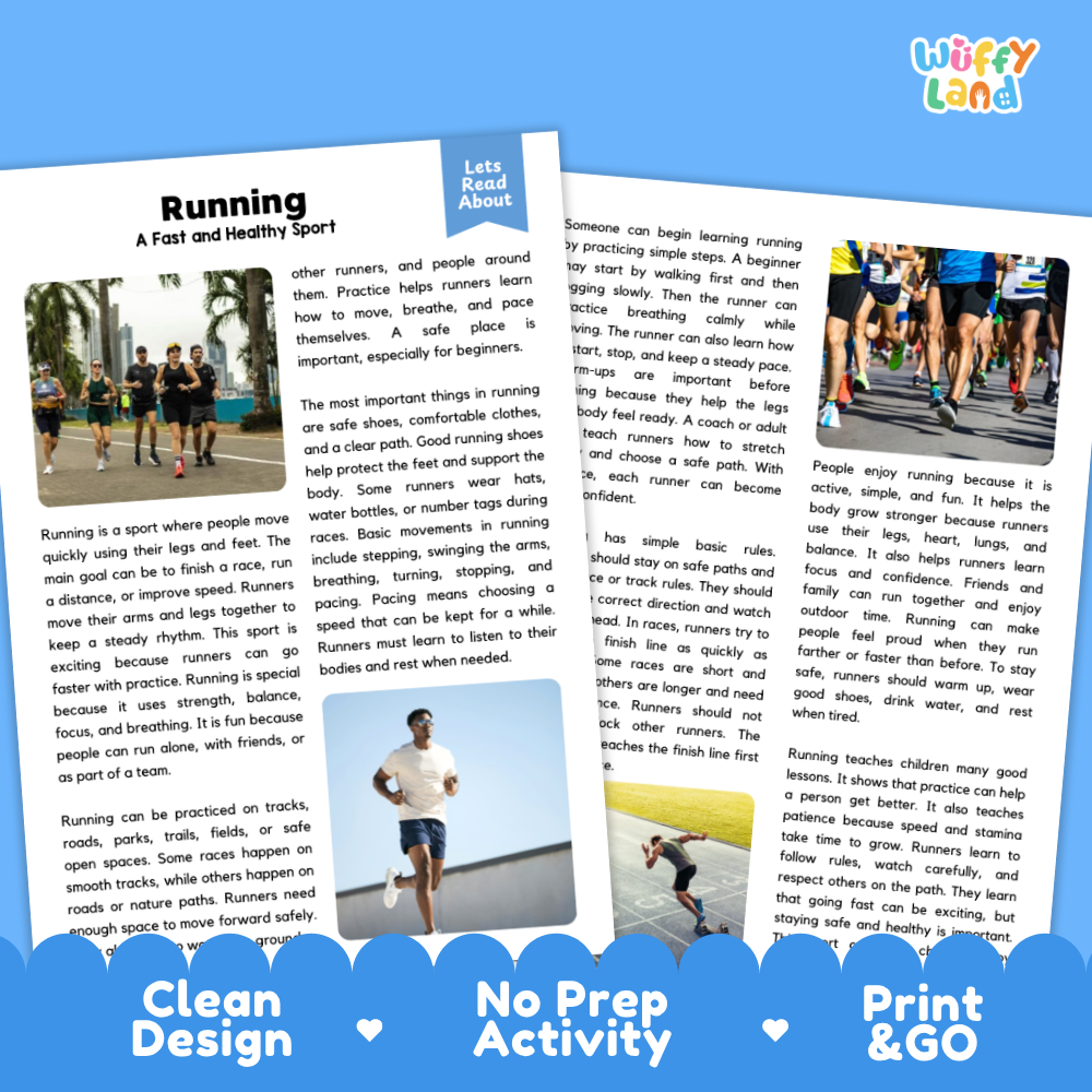 Running Sports Reading Passages Worksheets and Comprehension Activity