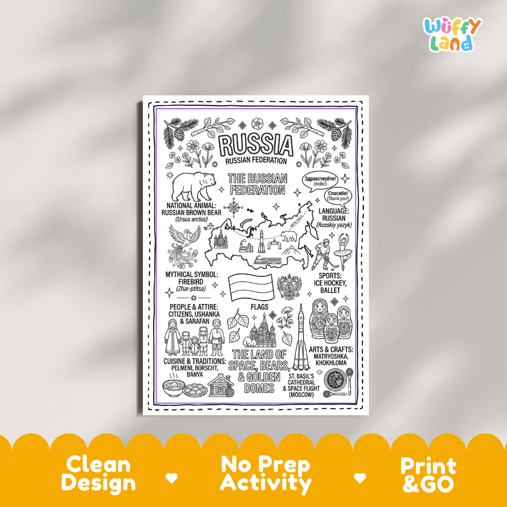 Educational activity coloring page highlighting Russian Brown Bear, mythical Firebird Zhar-ptitsa, and Matryoshka dolls