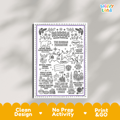 Educational activity coloring page highlighting Russian Brown Bear, mythical Firebird Zhar-ptitsa, and Matryoshka dolls