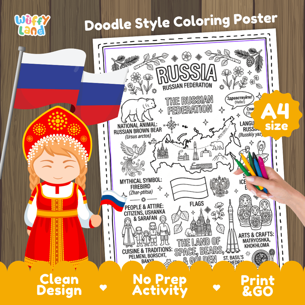 Russia country study doodle style coloring poster printable page featuring map, St. Basil's Cathedral, and cultural symbols