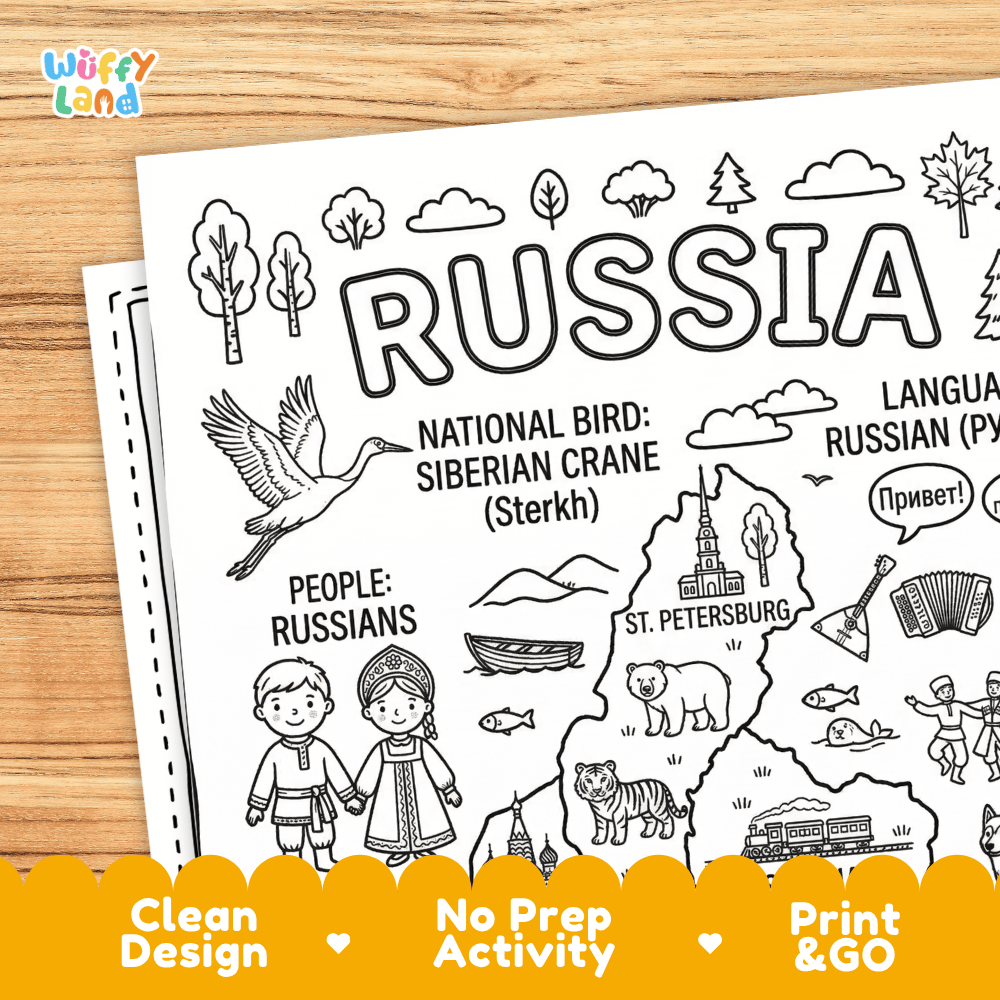 Cultural coloring page featuring traditional Russian sarafan dress, kokoshnik, ballet dancer, Khokhloma spoons, and Cyrillic greetings