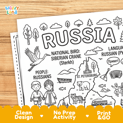Cultural coloring page featuring traditional Russian sarafan dress, kokoshnik, ballet dancer, Khokhloma spoons, and Cyrillic greetings