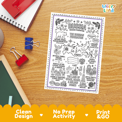 Doodle map coloring sheet showing Russia, Arctic Circle, St. Basil's Cathedral, space rocket, and Trans-Siberian train