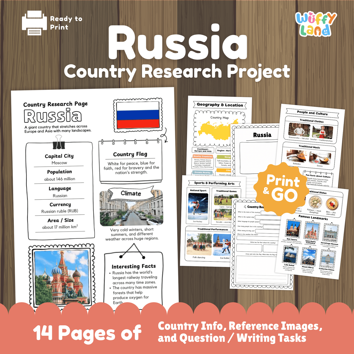 A Russia country research project worksheet for students that includes essential facts such as the capital city (Moscow), population, language, currency, and climate. The page also features Russia’s flag, a country map, traditional clothing, music, national sports, famous landmarks, and traditional dishes. These educational resources are designed for classroom use to learn about Russia's geography, culture, and history.