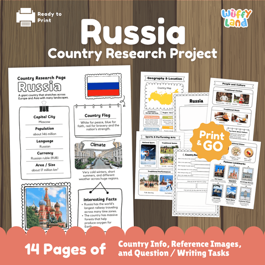 A Russia country research project worksheet for students that includes essential facts such as the capital city (Moscow), population, language, currency, and climate. The page also features Russia’s flag, a country map, traditional clothing, music, national sports, famous landmarks, and traditional dishes. These educational resources are designed for classroom use to learn about Russia's geography, culture, and history.