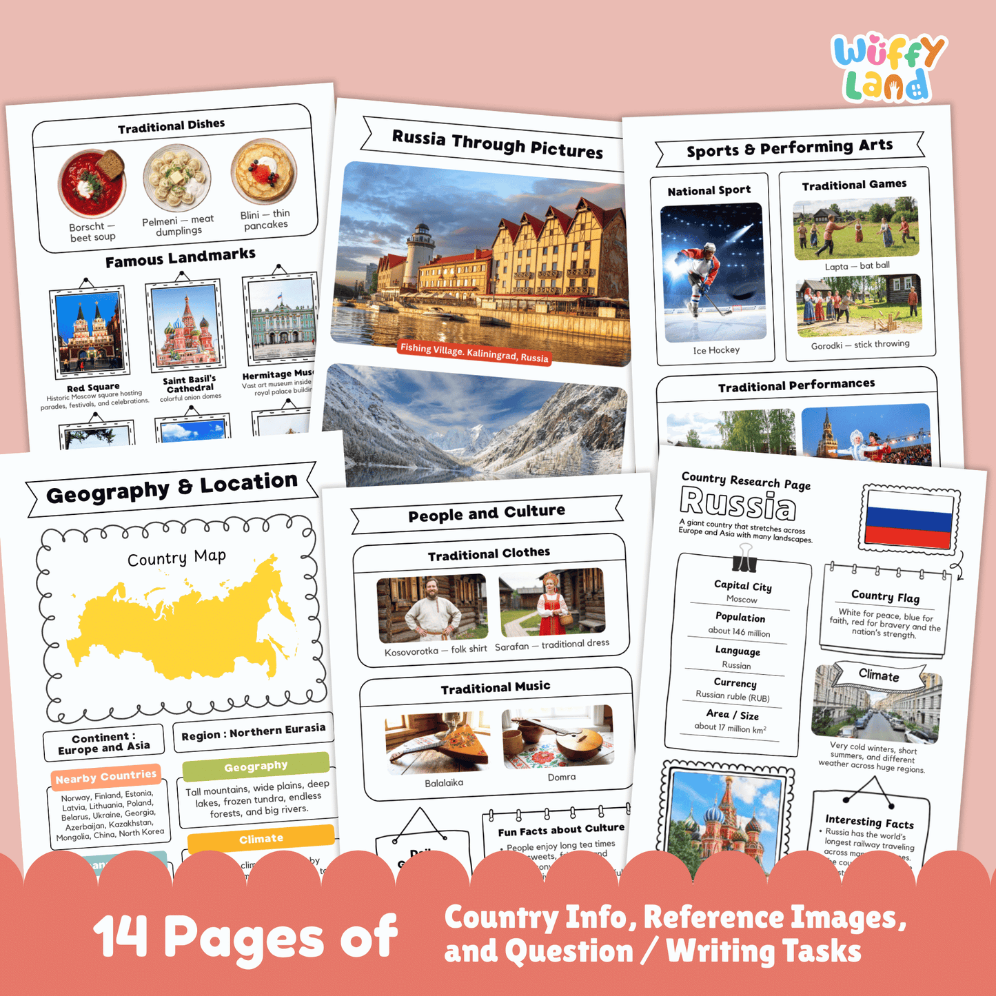 A Russia country research project worksheet for students that includes essential facts such as the capital city (Moscow), population, language, currency, and climate. The page also features Russia’s flag, a country map, traditional clothing, music, national sports, famous landmarks, and traditional dishes. These educational resources are designed for classroom use to learn about Russia's geography, culture, and history.
