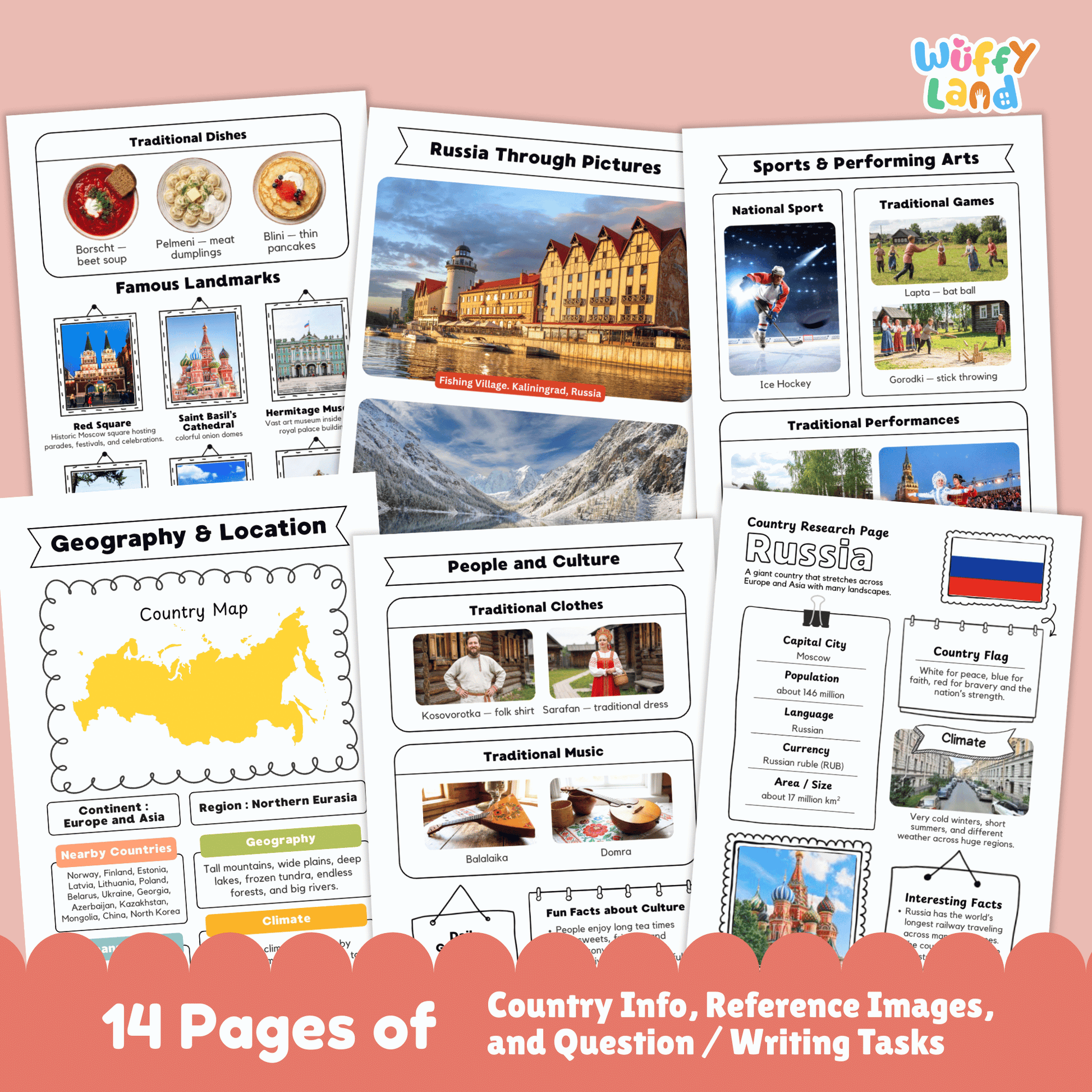 A Russia country research project worksheet for students that includes essential facts such as the capital city (Moscow), population, language, currency, and climate. The page also features Russia’s flag, a country map, traditional clothing, music, national sports, famous landmarks, and traditional dishes. These educational resources are designed for classroom use to learn about Russia's geography, culture, and history.