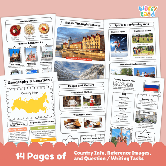 A Russia country research project worksheet for students that includes essential facts such as the capital city (Moscow), population, language, currency, and climate. The page also features Russia’s flag, a country map, traditional clothing, music, national sports, famous landmarks, and traditional dishes. These educational resources are designed for classroom use to learn about Russia's geography, culture, and history.