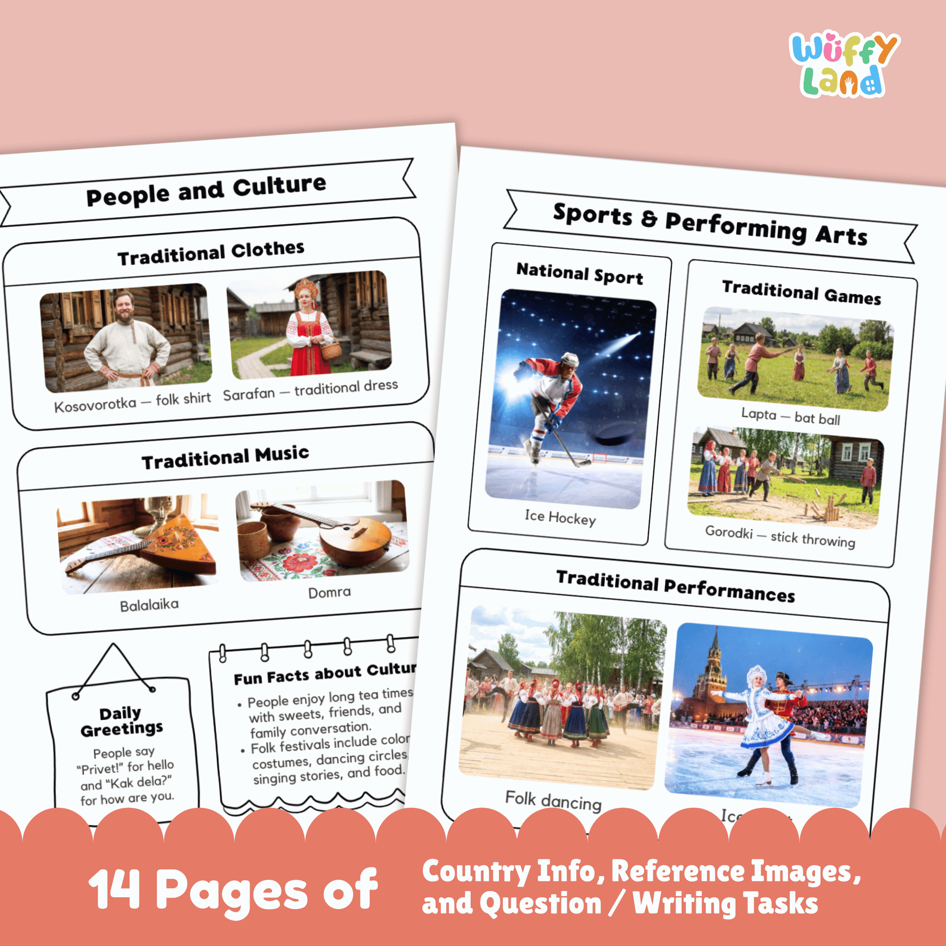 A Russia country research project worksheet for students that includes essential facts such as the capital city (Moscow), population, language, currency, and climate. The page also features Russia’s flag, a country map, traditional clothing, music, national sports, famous landmarks, and traditional dishes. These educational resources are designed for classroom use to learn about Russia's geography, culture, and history.