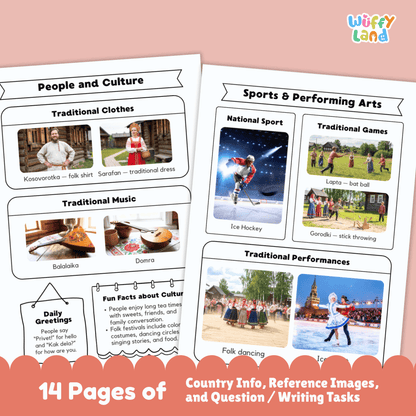 A Russia country research project worksheet for students that includes essential facts such as the capital city (Moscow), population, language, currency, and climate. The page also features Russia’s flag, a country map, traditional clothing, music, national sports, famous landmarks, and traditional dishes. These educational resources are designed for classroom use to learn about Russia's geography, culture, and history.