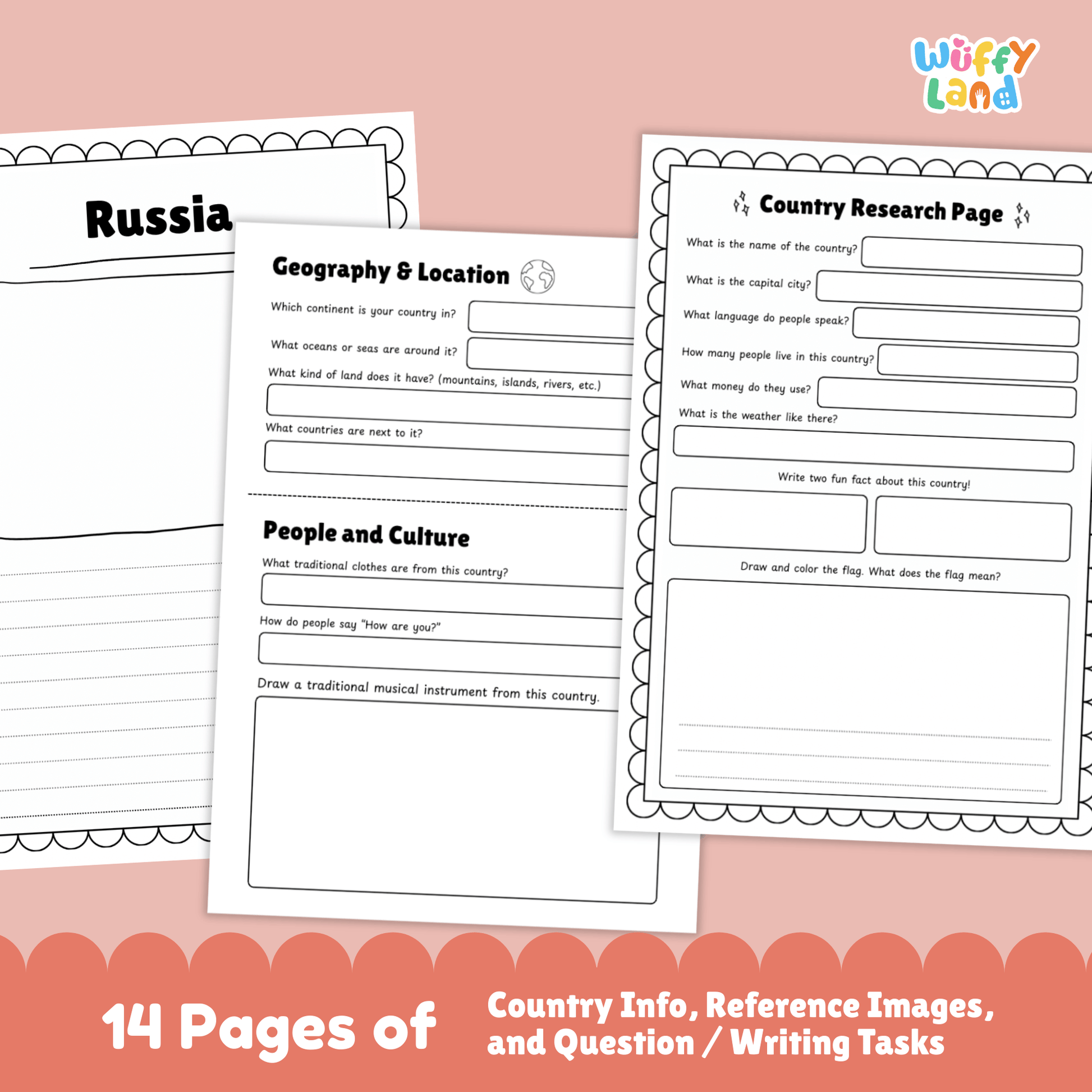 A Russia country research project worksheet for students that includes essential facts such as the capital city (Moscow), population, language, currency, and climate. The page also features Russia’s flag, a country map, traditional clothing, music, national sports, famous landmarks, and traditional dishes. These educational resources are designed for classroom use to learn about Russia's geography, culture, and history.