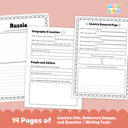 A Russia country research project worksheet for students that includes essential facts such as the capital city (Moscow), population, language, currency, and climate. The page also features Russia’s flag, a country map, traditional clothing, music, national sports, famous landmarks, and traditional dishes. These educational resources are designed for classroom use to learn about Russia's geography, culture, and history.
