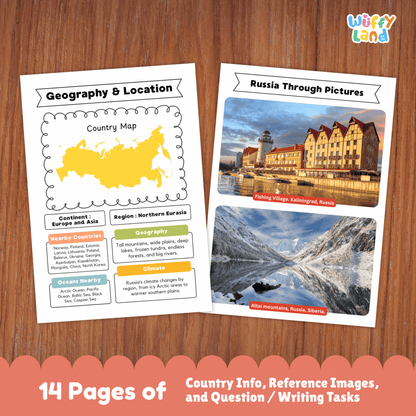 A Russia country research project worksheet for students that includes essential facts such as the capital city (Moscow), population, language, currency, and climate. The page also features Russia’s flag, a country map, traditional clothing, music, national sports, famous landmarks, and traditional dishes. These educational resources are designed for classroom use to learn about Russia's geography, culture, and history.