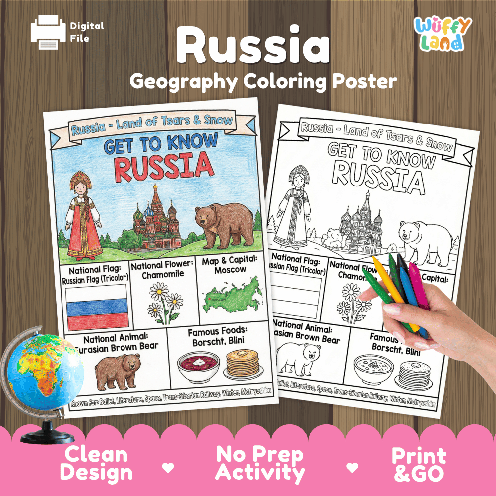 Russia Geography Coloring Poster and Fact Sheet Printables